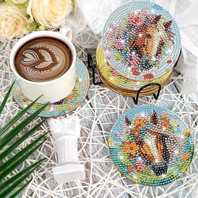 Horse Diamond Art Coasters Kits, 8 Pcs Diamond Painting Coaster with with Holder and Cork Pads, Horses DIY Crafts Gem Art Kit for Adults Beginners Home Decor Halloween Christmas Gifts