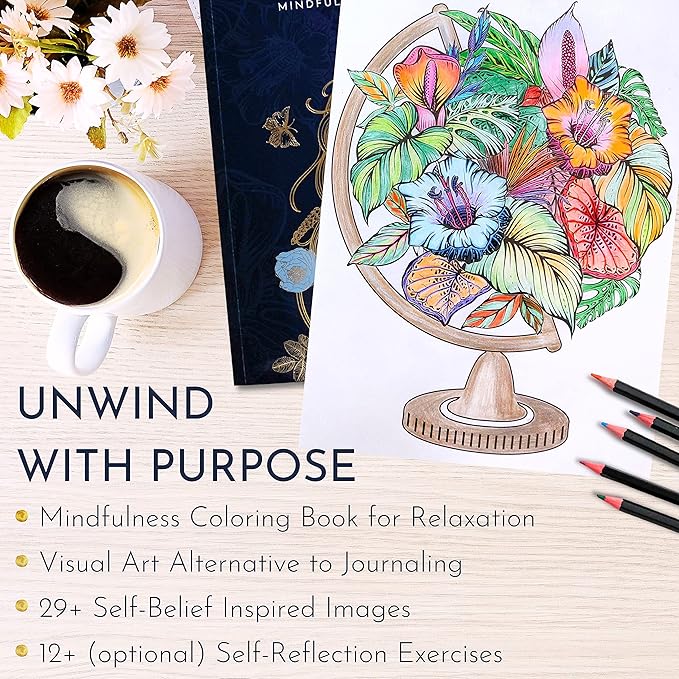 Adult Coloring Book for Women – Mindfulness Coloring Book with Personal Growth Prompts – Coloring Books for Adults Relaxation, Stress Relief, Anxiety, 8.5x11, Perforated Pages, Relaxation Gifts