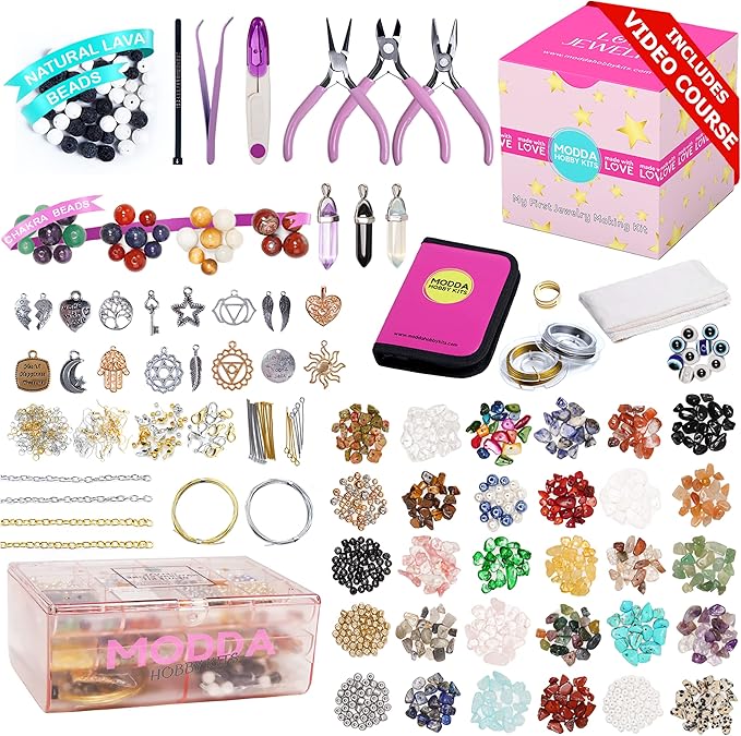 MODDA Natural Stone Jewelry Making Kit for Adults, Women. Includes Video Course, Crystal, Lava, Chakra Beads, Necklace, Bracelet, Earrings, Ring Supplies for Adults