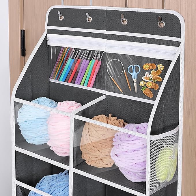 Univivi 6 Tiers Hanging Yarn Storage Organizer, Large Knitting Organizer with 12 Deep Clear Pockets & 10 Mesh Side Pockets, Over The Door Yarn Holder for Crochet Hooks, Knitting Needles, Dark Grey