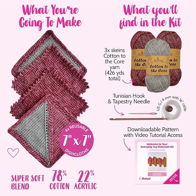 KnitPal Everyday Joy Tunisian Crochet Dishcloth Kit for Confident Beginners – Make 4 Reusable Dishcloths – Cotton Yarn, Tunisian Crochet Hook, 2 Patterns & Video Tutorials (Cherry Red + Elephant Gray)