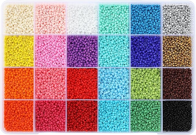 Size 2mm Seed Beads 24 Crayon Colors in Grid Storage Box Total About 20000pcs, 12/0 Small Seed Beads for Bracelet Jewelry Making
