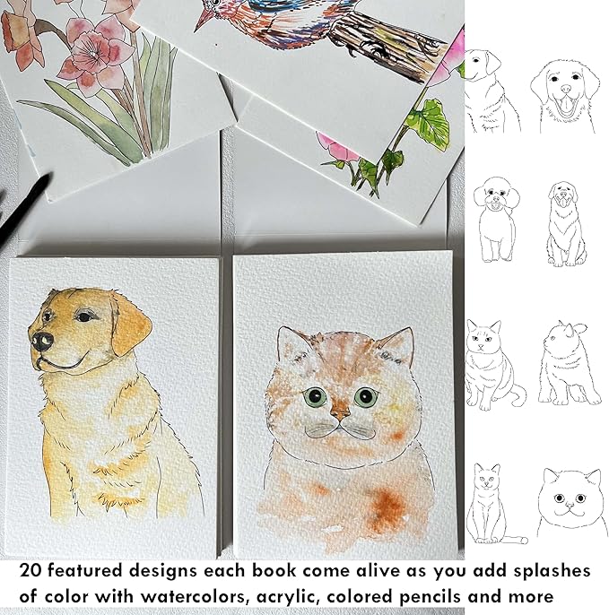 tumuarta Watercolor Coloring Book, 20 Unique Designs, 5x7”, 100% Cotton, 300GSM, 140 LB, Cold Press, Acid Free Watercolor Paper, Glue Bound Mixed Media Sketch Book (Dogs & Cats)
