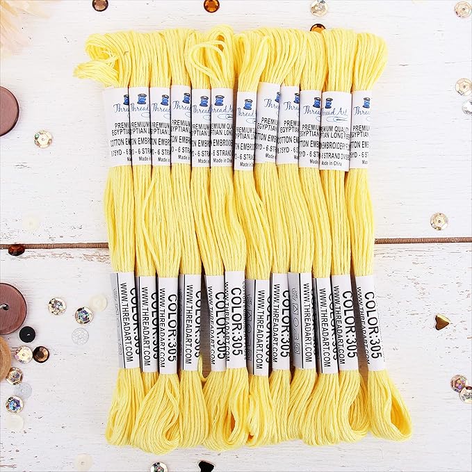 12 Skeins ThreadArt Premium Egyptian Long Fiber Cotton Embroidery Floss | Light Yellow | 6 Strand Divisible Thread 8.75yds Each for Hand Embroidery, Friendship Bracelets, Cross Stitch and Crafts