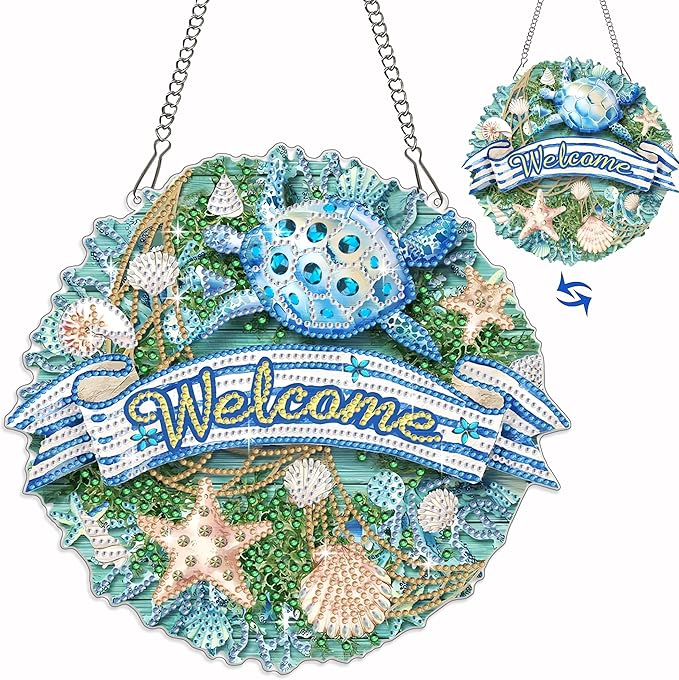 Welcome Sign Diamond Art Kits for Adults 5D Diamond Hanging Ornament Kits for Front Door DIY Special Shaped Crystal Art Suncatcher Porch Crystal Hanging Pendant Ornament (Welcome02)