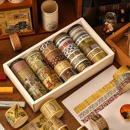 36 Rolls Vintage Washi Tape Pack Retro Arts Adhesive Tapes Wide Chronicle Decorative Masking Tape Sets for Craft, Kids, Scrapbook, DIY, Gift Wrapping (Globetrotting)