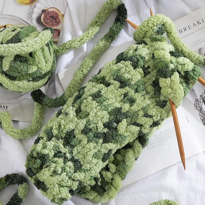 HOMBYS Chunky Tie Dye Mix Chenille Yarn for Hand Knitting, Super Bulky Jumbo Yarn for Crocheting, 3/4" Thick Soft Plush Yarn for Blankets, 8 Skein Pack (26 yds / 7.5 oz Each) Dark Green Sage