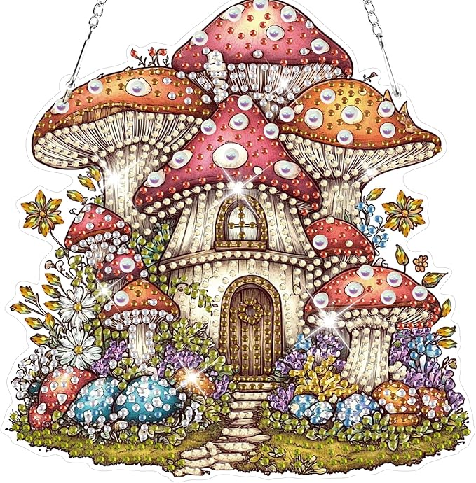 HEIBAGO Mushroom House Hanging Diamond Art Kits for Adults, Fall Special Shaped Crystal Diamond Painting Ornament Kit, DIY Double-Sided Pattern Gem Art Kit for Home Wall Decor 8.3x8.3inch