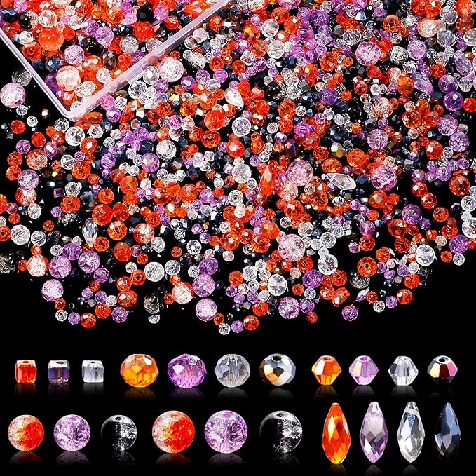 1000pcs Halloween Glass Beads for Jewelry Making Colorful Rainbow Craft Crystal Beads Sparkly Beads for DIY Necklace Bracelet Earring Orange & Purple & Black