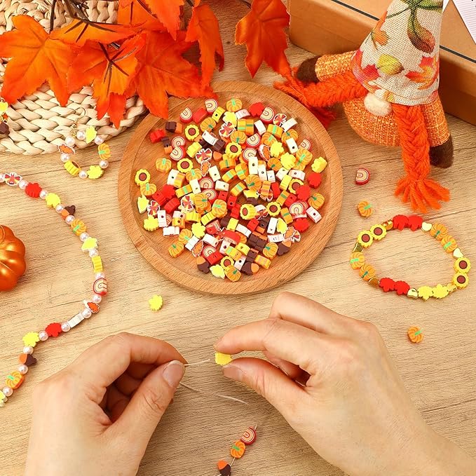 Augshy 300Pcs Fall Clay Beads,Thanksgiving Autumn Polymer Clay Beads for Jewelry Making Fall Colored Bracelet Making Kit Maple Leaves Pumpkin Pine Cone Turkey Bead for Bracelets Necklaces Earrings
