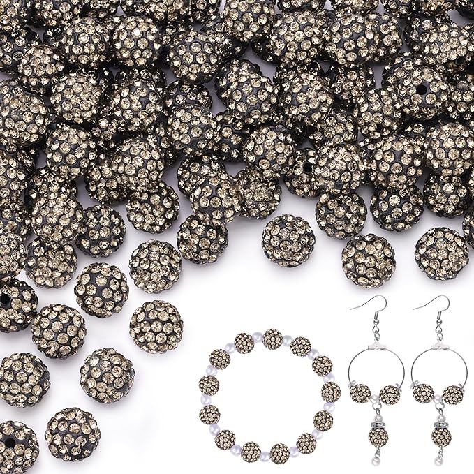 150pcs 10mm Rhinestone Beads for Jewelry Making, Gray Shiny Round Shamballa Disco Ball Beads Bulk, Sparkle Crystal Clay Christmas for Bracelet Baseball Necklace Earring Crafting and DIY