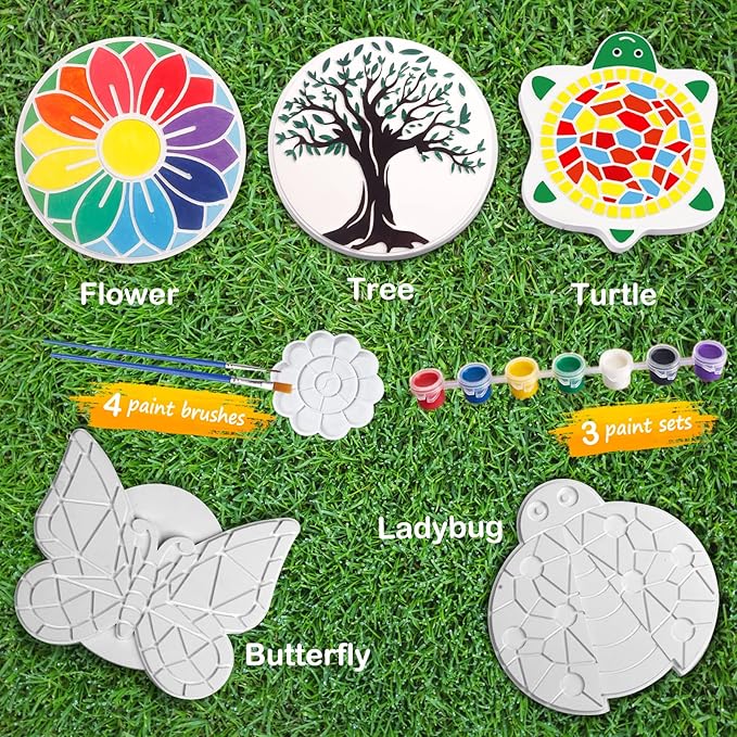 Weilim Paint Your Own Stepping Stones 5-Pack for Kids, Boys & Girls Ages 3-12, Butterfly, Turtle, Flower, Tree & Ladybug DIY Outdoor Garden Art & Craft Ceramic Painting Set Easter
