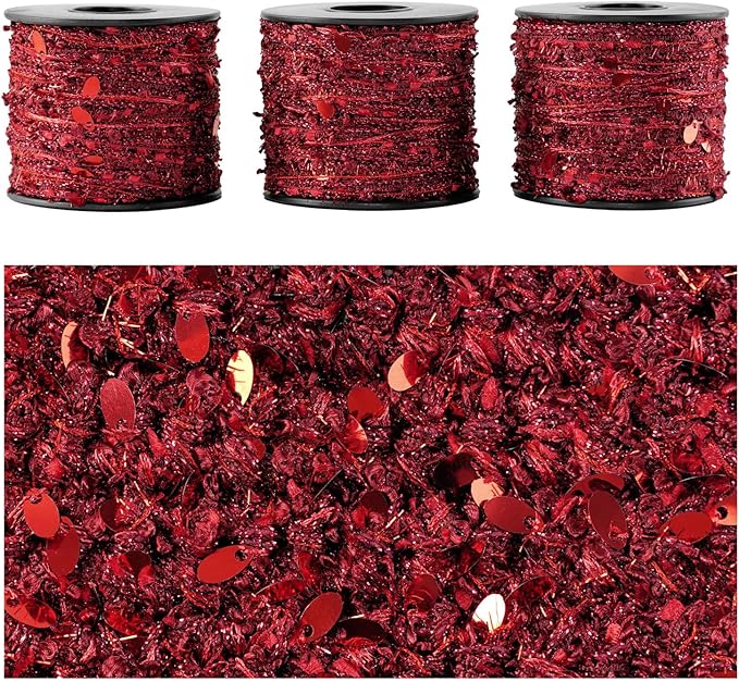 Artisanal Yarn Collection Multifiber Fancy Yarn for Knitting Crocheting Crafts DIY, Set of 3 Rolls (Red Teardrop Sequins)
