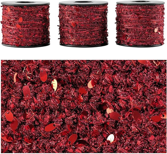 Artisanal Yarn Collection Multifiber Fancy Yarn for Knitting Crocheting Crafts DIY, Set of 3 Rolls (Red Teardrop Sequins)