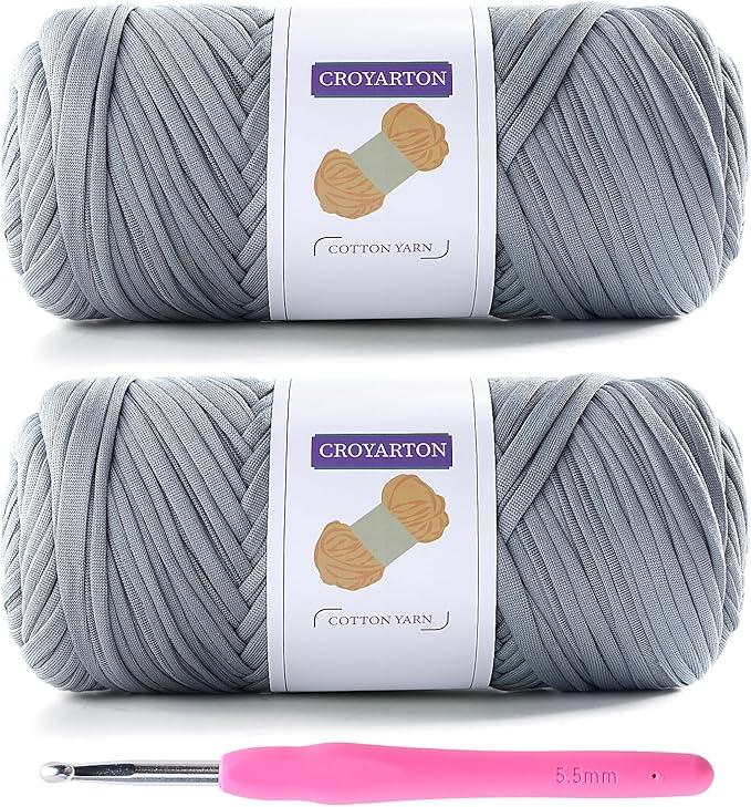 2 Pack T Shirt Yarn for Crocheting with 1 Crochet Hook, Elastic Tshirt Yarn for Crochet Bag/Baskets/Home Decor, Spaghetti Yarn Thick Knitting Yarn Total Length 130 Yds, Weight 14 Oz (Light Gray)