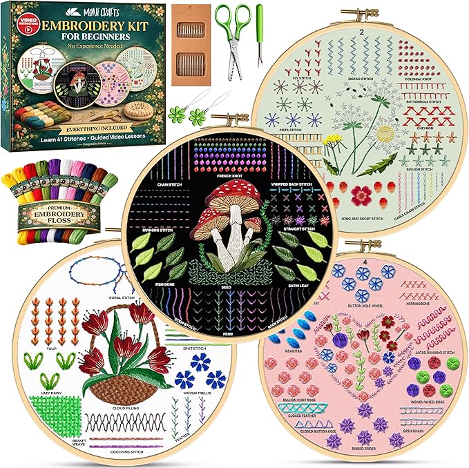 Moni Crafts - Embroidery Kit for Beginners Adults – Learn 41 Stitches with Complete Starter Kit, 4 Pre-Printed Patterns, Threads, Needles & Hoop – Hand Embroidery Kit with Video Tutorials