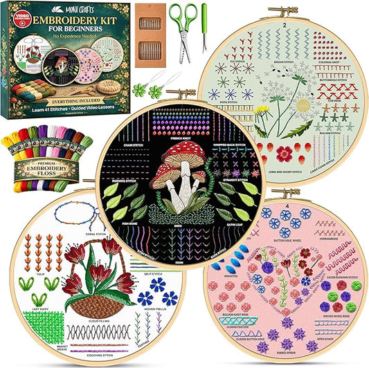 Moni Crafts - Embroidery Kit for Beginners Adults – Learn 41 Stitches with Complete Starter Kit, 4 Pre-Printed Patterns, Threads, Needles & Hoop – Hand Embroidery Kit with Video Tutorials