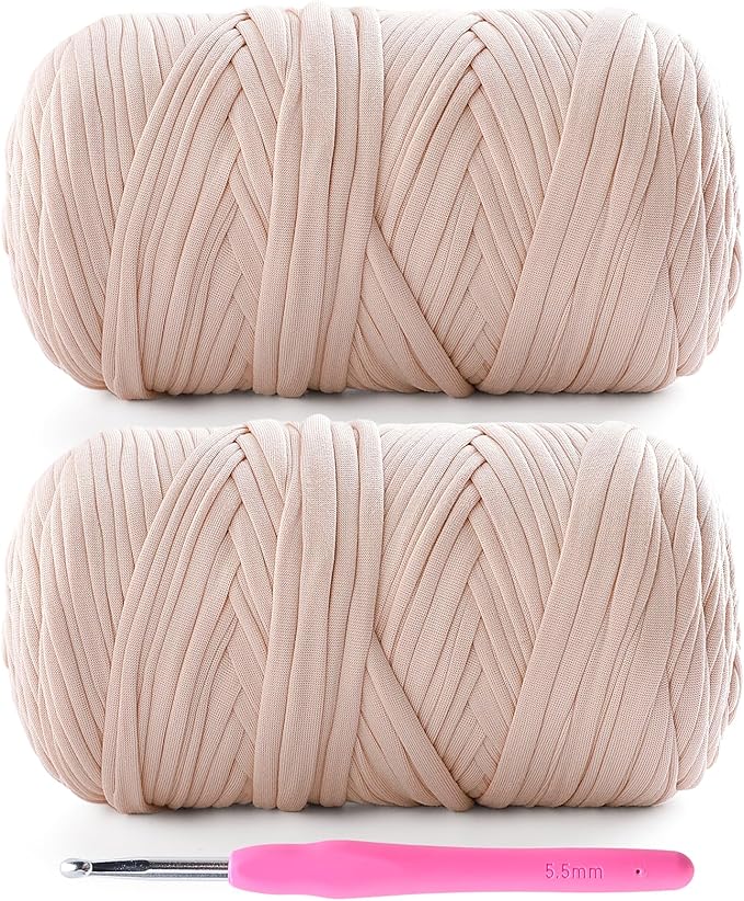 2 Pack Tshirt Yarn for Crochet - 800 g/260 yds T Shirt Yarn for Crocheting Bags/Baskets/Home Decor - Soft Elastic Fabric T-Shirt Yarn with 1 Crochet Hook (2, Beige)