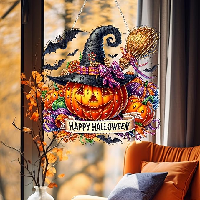 JJFox DIY Acrylic Diamond Art Painting Wreath Kits Special Shaped Rhinestone Diamond Art Window Pendants Home Garden Wall Hanging Kits Hanging Ornament (Happy Halloween)