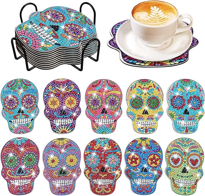 10 Pcs Halloween Skull Shaped Diamond Painting Coasters Kits DIY Skull Diamond Painting Coasters with Holder Skull Diamond Painting Coasters for Beginners Adults and Kids Art Craft Supplies Gift