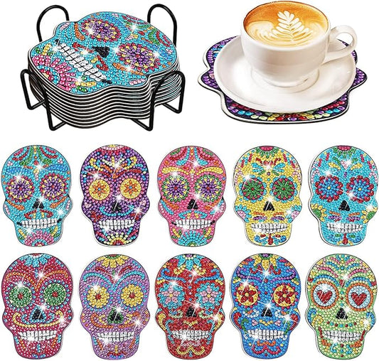10 Pcs Halloween Skull Shaped Diamond Painting Coasters Kits DIY Skull Diamond Painting Coasters with Holder Skull Diamond Painting Coasters for Beginners Adults and Kids Art Craft Supplies Gift