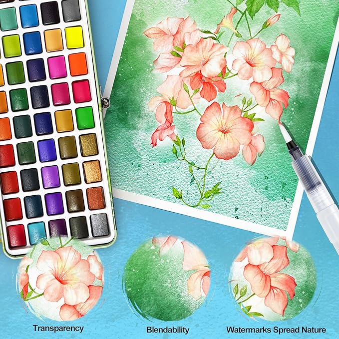 Caliart Watercolor Paint Set, 50 Colors Portable Water Color Palette Kit with Detail Paint Brush, Art Supplies Gifts for Adult Professional Artist Painting Coloring, Easter Basket Essentials Stuffers