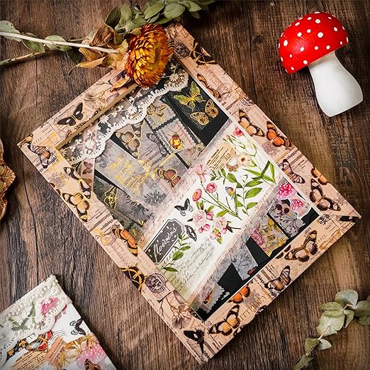 YUBX Butterfly Washi Tape Set 18 Rolls Vintage Gold Foil Masking Wide Retro Decorative Tapes for Arts, DIY Crafts, Journals, Planners, Scrapbook, Wrapping
