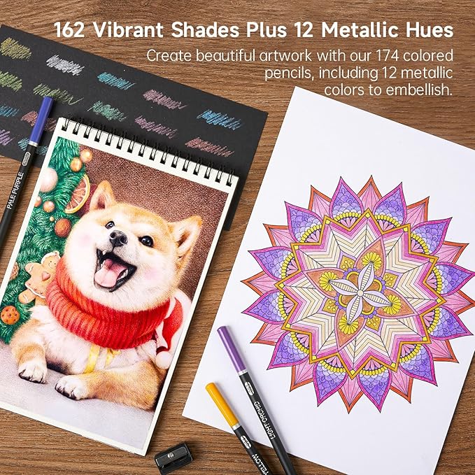 Shuttle Art 174 Colored Pencils for Adults, Soft Core Coloring Pencils Set with 1 Coloring Book, 1 Sketch Pad, 4 Sharpener, 2 Pencil Extender, Perfect for Artists Kids Adults, Drawing