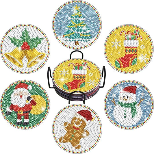 Vcekract Christmas Diamond Art Kits, 6PCS Christmas Diamond Painting Coasters with Holder, Diamond Art Kits for Adults