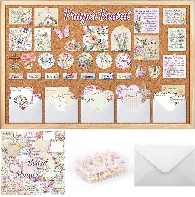 Flower Prayer Board Supplies - 114 Pcs Prayer Board Kit with Pins Envelope Bible Verse Quotes Cards, Colorful Floral Vision Boards Decorations, Bible Study Supplies (Not Including Board)