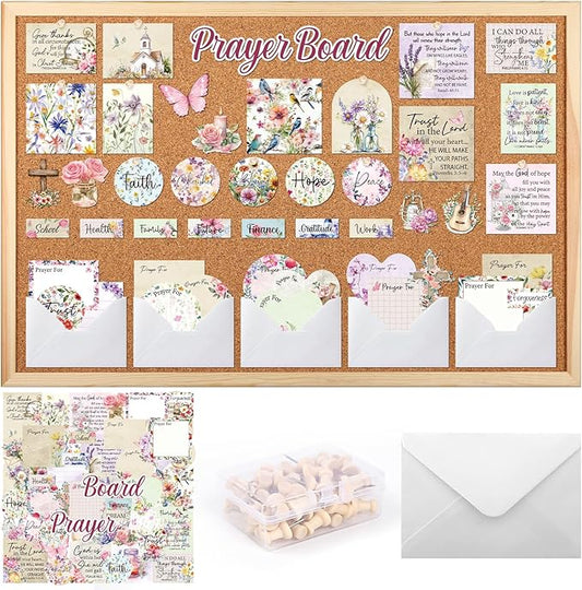 Flower Prayer Board Supplies - 114 Pcs Prayer Board Kit with Pins Envelope Bible Verse Quotes Cards, Colorful Floral Vision Boards Decorations, Bible Study Supplies (Not Including Board)