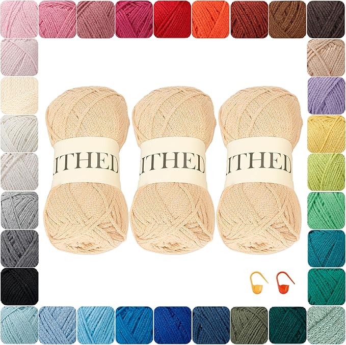 Cotton Chainette Yarn,4 Medium (Worsted)-10oz,3 Pack,Knitting Yarn for Beginners,Thicker for Crocheting and Knitting (17 Milk Coffee)