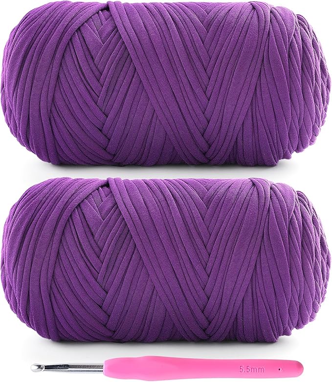 2 Pack T-Shirt Yarn for Crochet - 800 g/260 yds Elastic Fabric T-Shirt Yarn with 1 Crochet Hook (Violet)