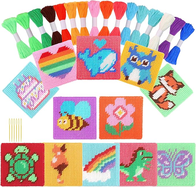Pllieay Cross Stitch Kits for Beginners 12in1 Cross Stitch Kits for Kids Embroidery Kit Includes 12pcs Blank Plastic Mesh Canvas, 16 Yarns, 6 Embroidery Needles, Needlepoints Starter Sewing Set