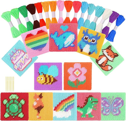 Pllieay Cross Stitch Kits for Beginners 12in1 Cross Stitch Kits for Kids Embroidery Kit Includes 12pcs Blank Plastic Mesh Canvas, 16 Yarns, 6 Embroidery Needles, Needlepoints Starter Sewing Set