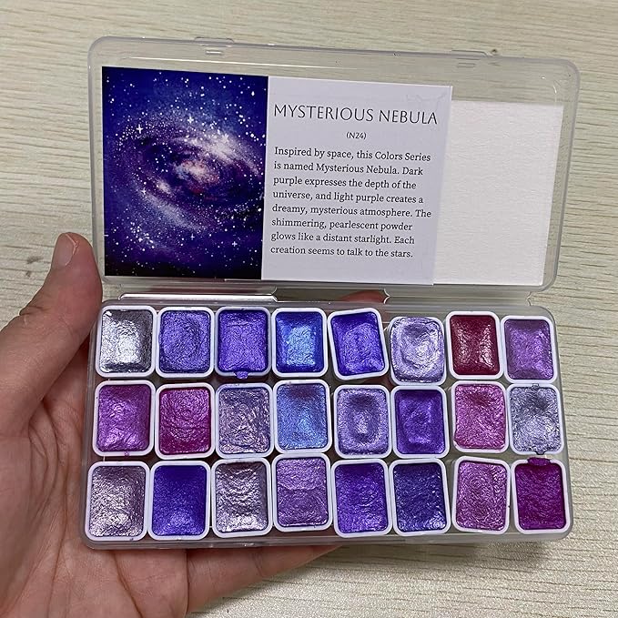 Mini Glitter Watercolor Paint Set with Paper, 24 Colors Shimmer Metallic Watercolour Painting Sets, Solid Pearl Water Color Paints for Adult, Purple 1ml Trial Pack(Mysterious Nebula)