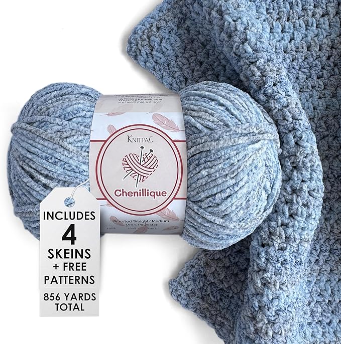 Chenillique Velvet Chenille Yarn for Crocheting, 4-Pack (856Yds / 400G), Free Patterns, Beginners Friendly - Soft Baby Yarn for Knitting Baby Blanket - #4 Medium Worsted Weight - Blueberry Whisper