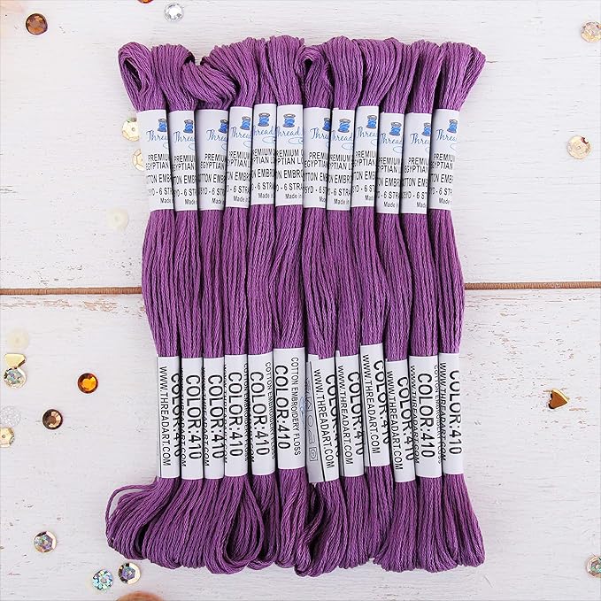 12 Skeins ThreadArt Premium Egyptian Long Fiber Cotton Embroidery Floss | Purple | 6 Strand Divisible Thread 8.75yds Each for Hand Embroidery, Friendship Bracelets, Cross Stitch and Crafts