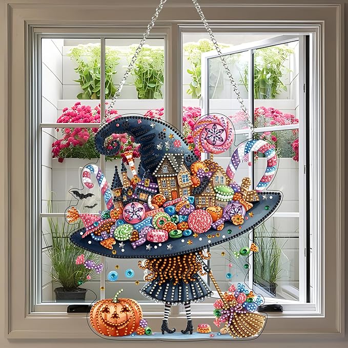 JJFox Diamond Art Hanging Kit for Adult,Special Shaped Rhinestone,DIY Acrylic 5D Diamond Art Painting Window Pendants Home Garden Wall Hanging Kits Hanging Ornament (Candy Witch)