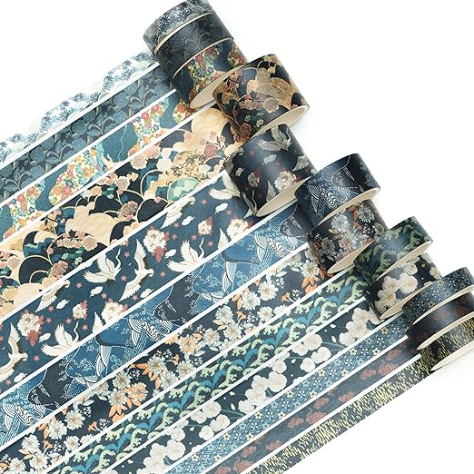 12 Rolls Kyoto Charm Washi Tape Set Japanese Arts Adhesive Tapes Geometric Garden Decorative Masking Tape Sets for Craft, Kids, Scrapbook, DIY, Gift Wrapping (Azure Tranquility)