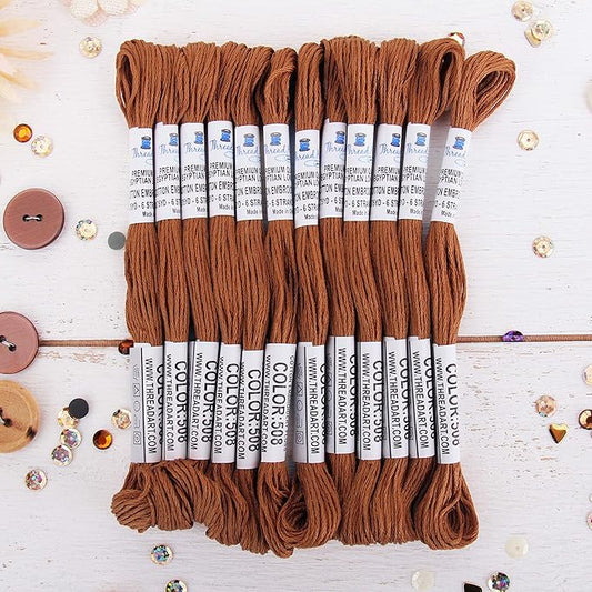 12 Skeins ThreadArt Premium Egyptian Long Fiber Cotton Embroidery Floss | Brown | 6 Strand Divisible Thread 8.75yds Each for Hand Embroidery, Friendship Bracelets, Cross Stitch and Crafts