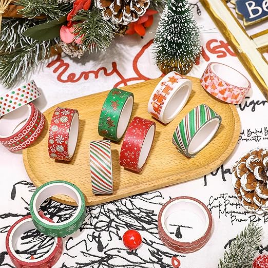 Whaline 12 Rolls Christmas Washi Tape Xmas Gingerbread Man Candy Cane Decorative Masking Tape for Christmas Scrapbook Journal DIY Art Craft Gift Wrapping