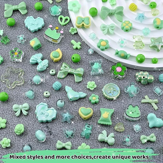 Omiposs 300Pcs Acrylic Beads for Bracelet Making with Cute Kawaii Charms, Beads & Assortments for Friendship Bracelets, Jewelry Making DIY Necklace Keychain Phone Charm Craft Gifts (Green)