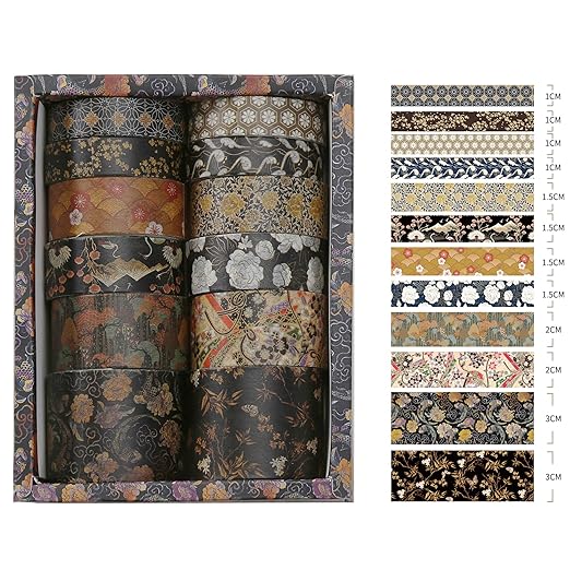 12 Rolls Kyoto Charm Washi Tape Set Japanese Arts Adhesive Tapes Geometric Garden Decorative Masking Tape Sets for Craft, Kids, Scrapbook, DIY, Gift Wrapping (Black Elegance)