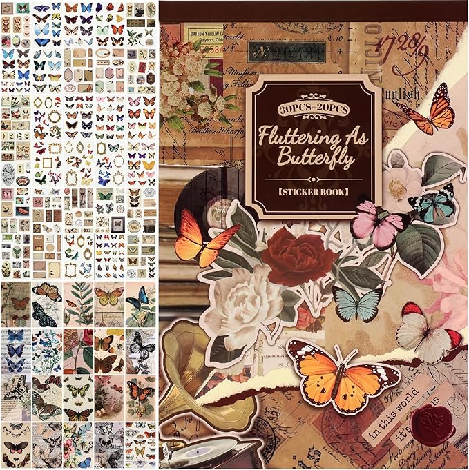 Vintage Scrapbook Stickers - 300 Butterfly Pre-Cut for Journaling, 20 Scrapbook Paper Washi for Scrapbooking and Journaling