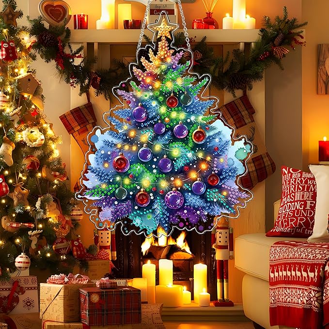 JJFox Diamond Art Hanging Kit for Adult,Special Shaped Rhinestone,Double Sided 5D DIY Acrylic Diamond Art Painting Window Pendants Home Garden Wall Hanging Kits Hanging Ornament (Christmas Tree)