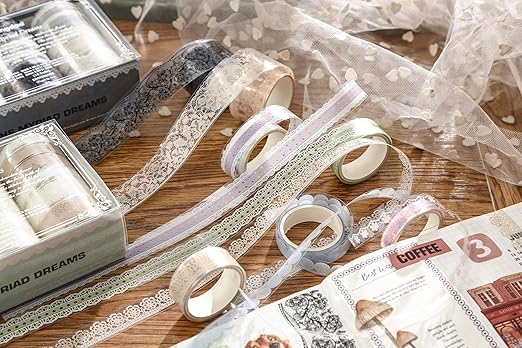 15 Rolls Lace Patterns PET Tapes Floral Arts Decorative Tape Set Adhesive Transparent Masking Tapes for DIY Craft, Kids, Scrapbook, DIY, Gift Wrapping, Journal (4-Dreamlight Glimmer)