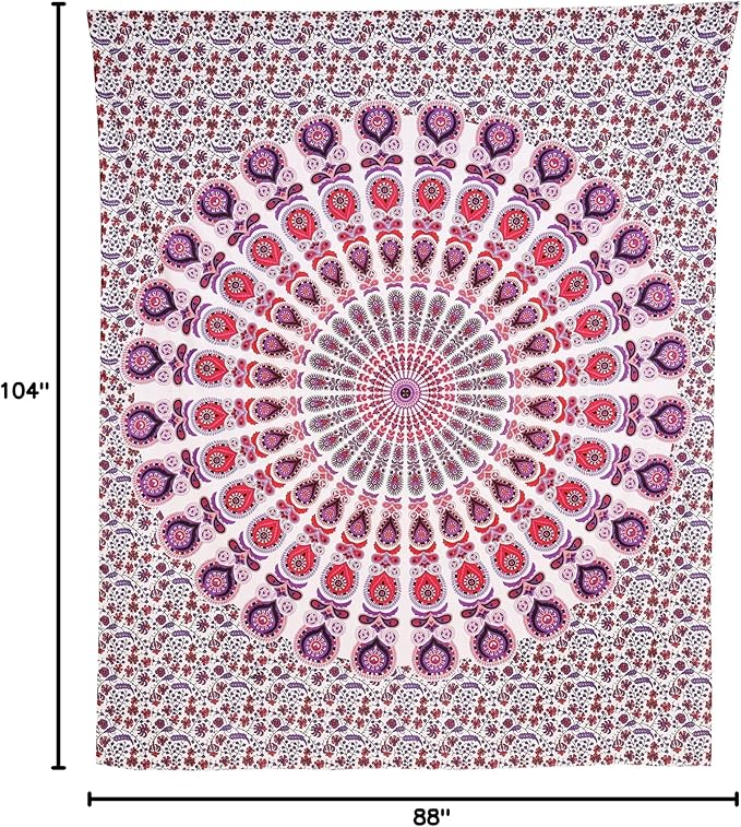 bless international handmade indian hippie bohemian psychedelic peacock mandala wall hanging college dorm beach throws table cloth bedding tapestry (pink blue, king(88x104inches)(225x265cms))