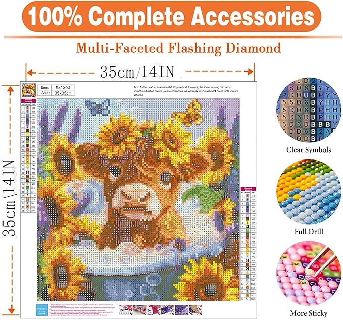 igoodom Cow Diamond Art Kits for Adults, Highland Cow Diamond Painting Kit, Full Drill Round Diamond Art Kits, DIY Gem Art and Crafts for Home Wall Decor Gift 14x14inch