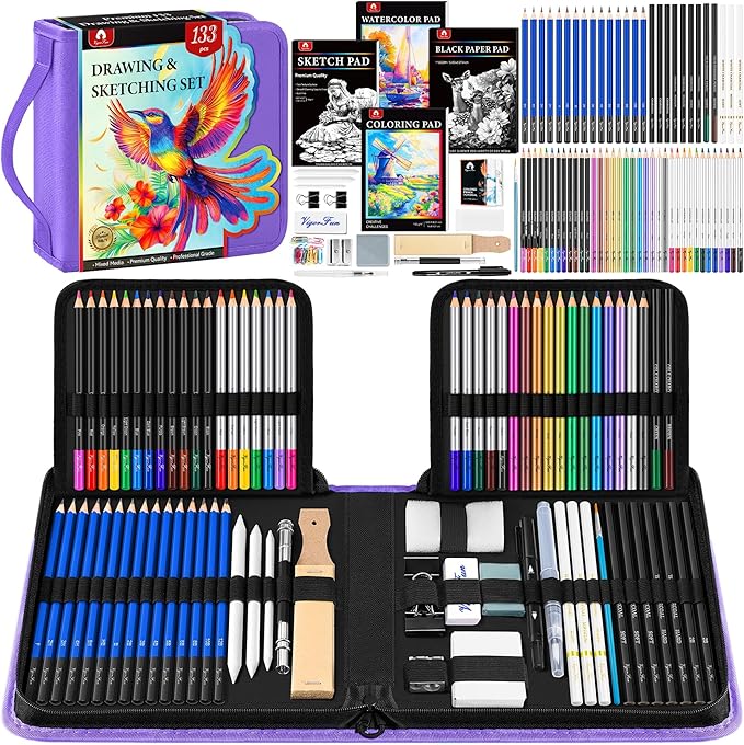 133 PCS Art Supplies Sketching Kit, Pro Drawing Pencils with Sketchbook, Coloring Book, Watercolor Pad, Black Paper Pad, Colored Graphite Charcoal Watercolor & Metallic Pencils for Artists Adults